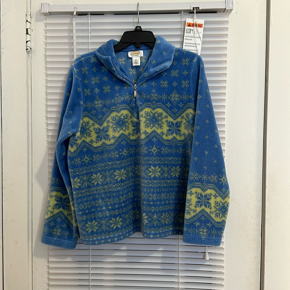 talbots blue and yellow fuzzy plush halfzip sweater!